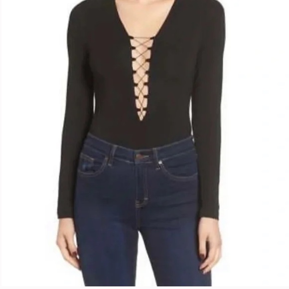 Wayf Tops - Wayf: Women’s Long Sleeved Lace Up Black Bodysuit with V Neck - Medium